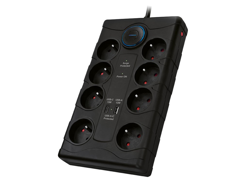 Solight prepäťová ochrana, 8z, USB A+C, 2m, čierna