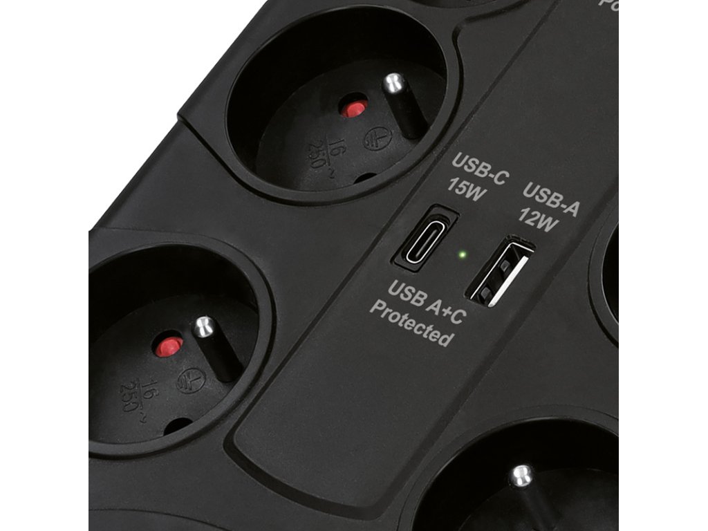 Solight prepäťová ochrana, 8z, USB A+C, 2m, čierna