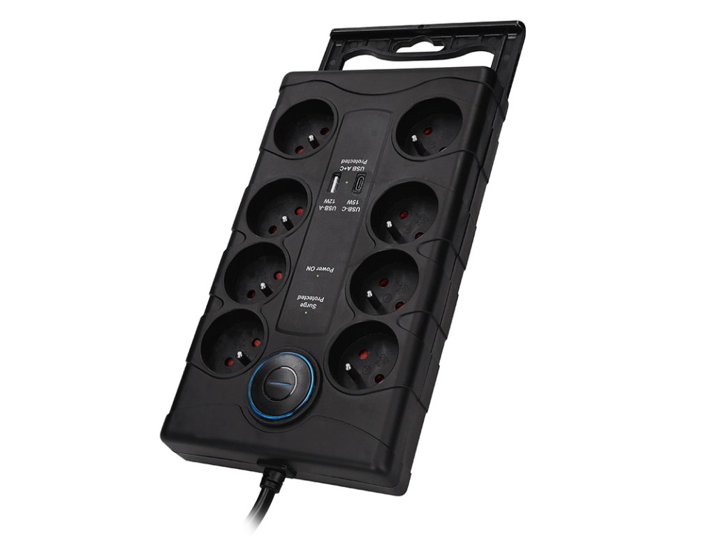 Solight prepäťová ochrana, 8z, USB A+C, 2m, čierna