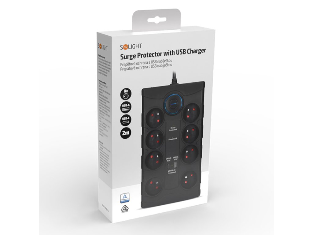 Solight prepäťová ochrana, 8z, USB A+C, 2m, čierna