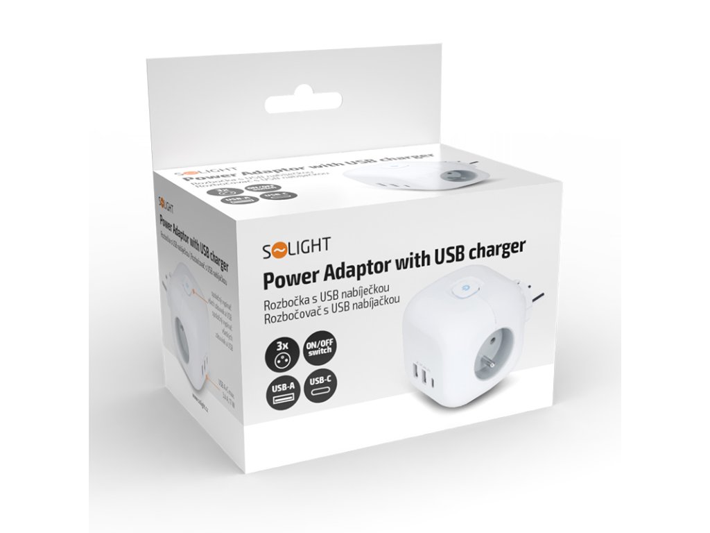 Solight rozbočka kocka, 3x 16A + USB A+C, biela, vypínač
