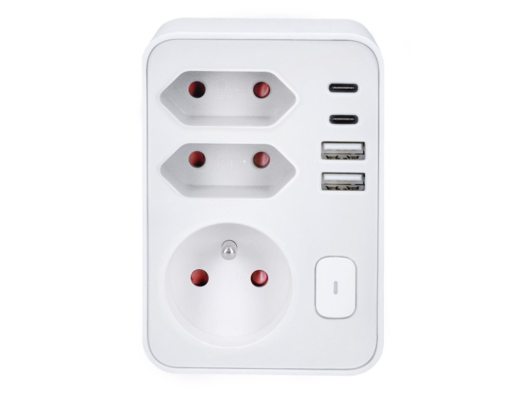 Solight rozbočovač, 1x 16A + 2x 2,5A, 2xUSB A+C, biely, vypínač