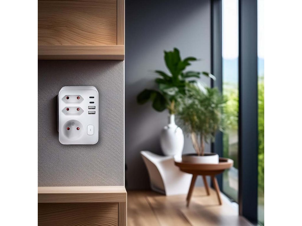 Solight rozbočovač, 1x 16A + 2x 2,5A, 2xUSB A+C, biely, vypínač