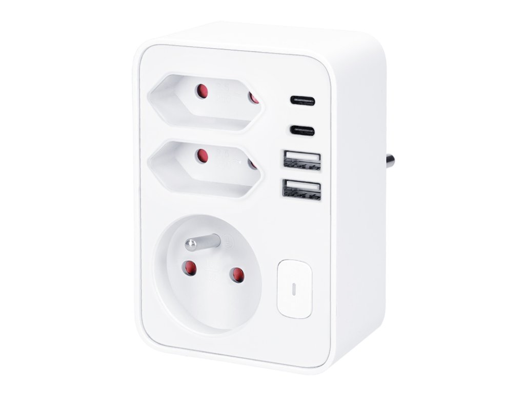 Solight rozbočovač, 1x 16A + 2x 2,5A, 2xUSB A+C, biely, vypínač
