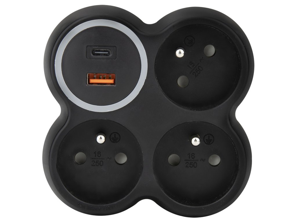 Solight rozbočovač, 3x 15A, USB A+C rychlonabíjačka 20W PD, matná čierna