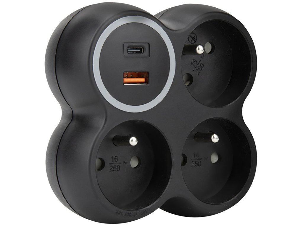 Solight rozbočovač, 3x 15A, USB A+C rychlonabíjačka 20W PD, matná čierna