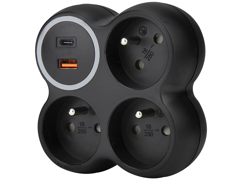 Solight rozbočovač, 3x 15A, USB A+C rychlonabíjačka 20W PD, matná čierna