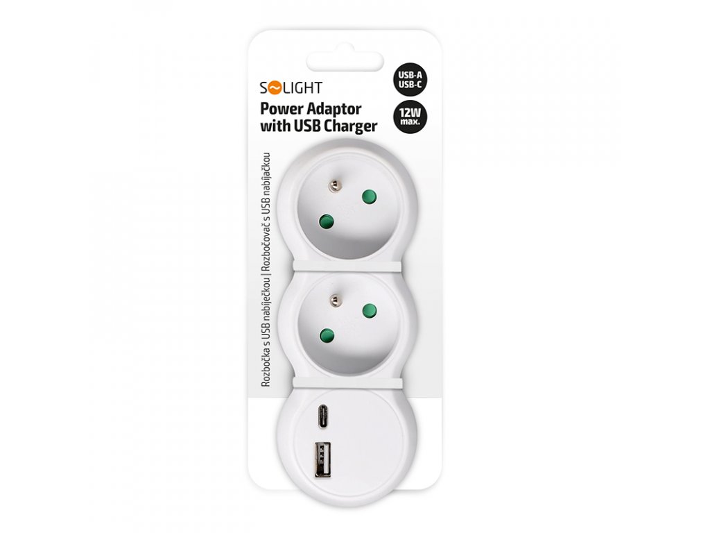 Solight rozbočovač s USB A+C nabíjačkou, 2 x 10A, biely