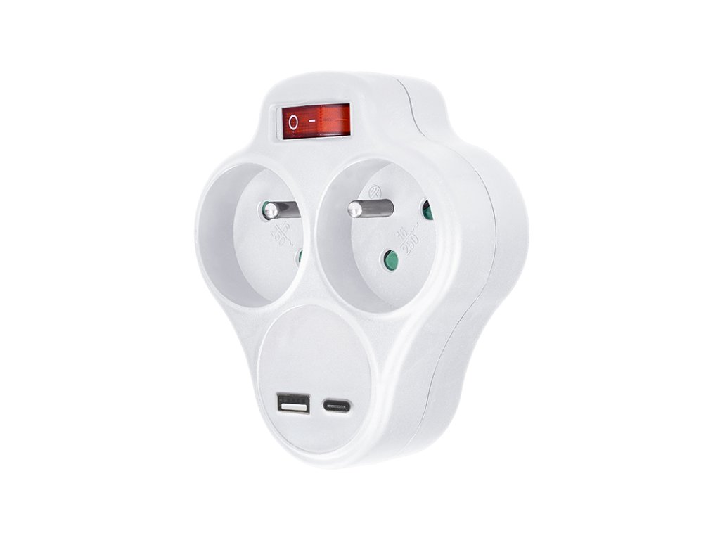 Solight rozbočovač s USB A+C nabíjačkou, 2 x 10A, biely, vypínač