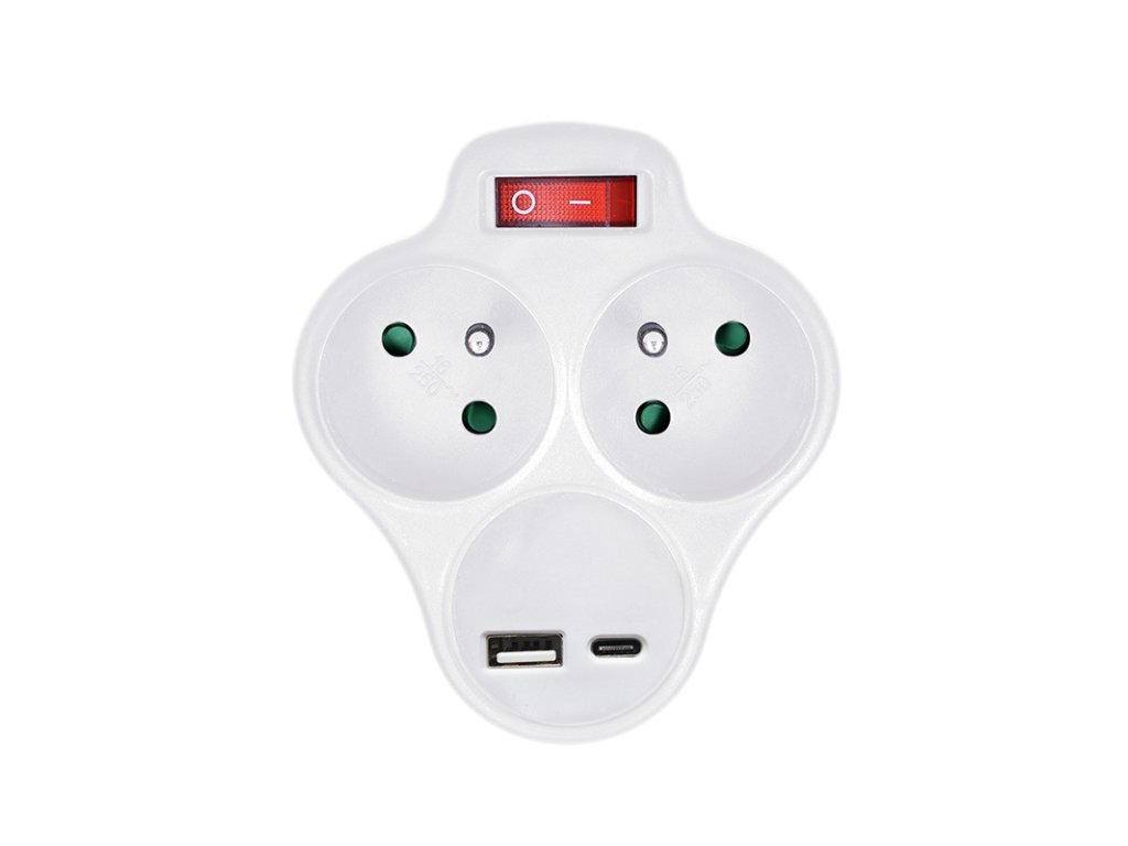 Solight rozbočovač s USB A+C nabíjačkou, 2 x 10A, biely, vypínač