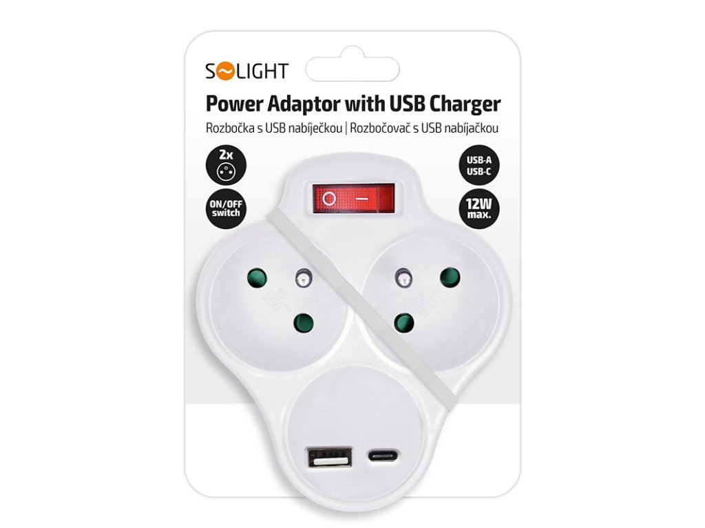 Solight rozbočovač s USB A+C nabíjačkou, 2 x 10A, biely, vypínač