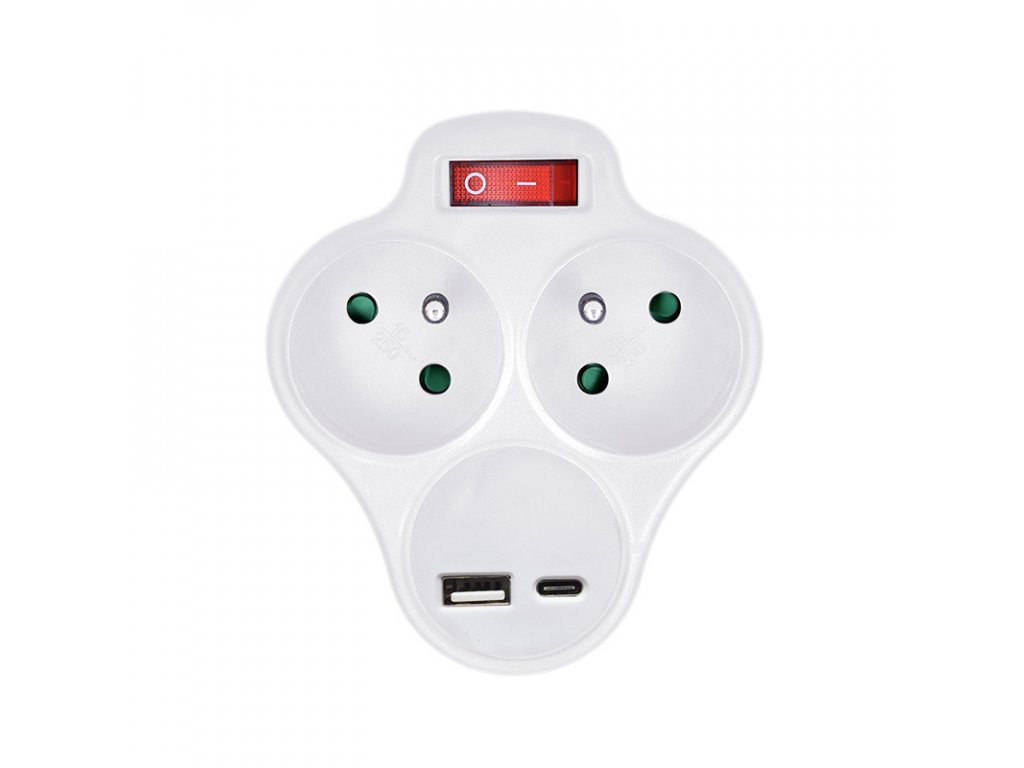 Solight rozbočovač s USB A+C rychlonabíjačkou 20W PD, 2 x 10A, biely, vypínač