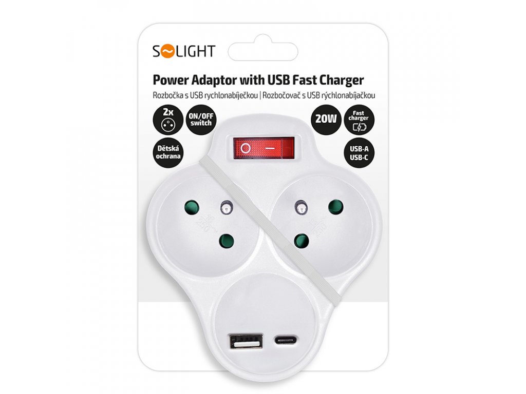 Solight rozbočovač s USB A+C rychlonabíjačkou 20W PD, 2 x 10A, biely, vypínač