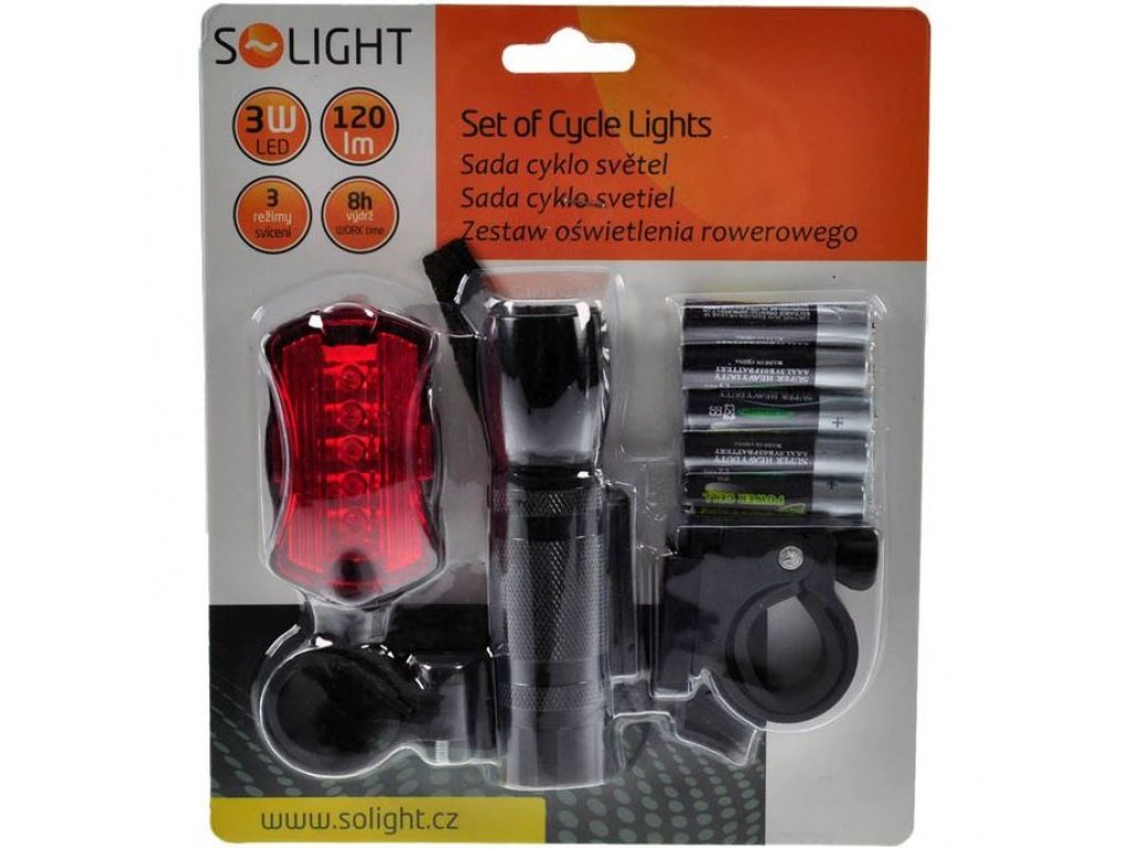 Solight sada cyklo svetiel, predné 3W LED + zadné 5x LED, 2x držiak, 5x AAA batérie