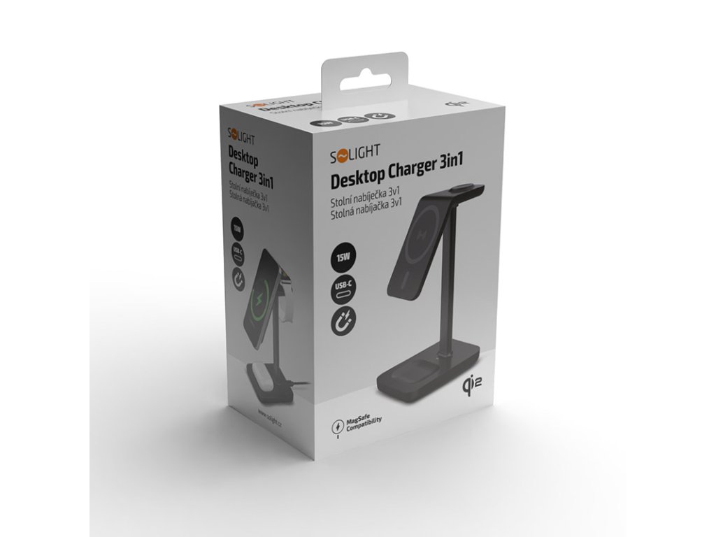 Solight stolová nabíjačka 3v1, Qi2, MagSafe kompatibilná