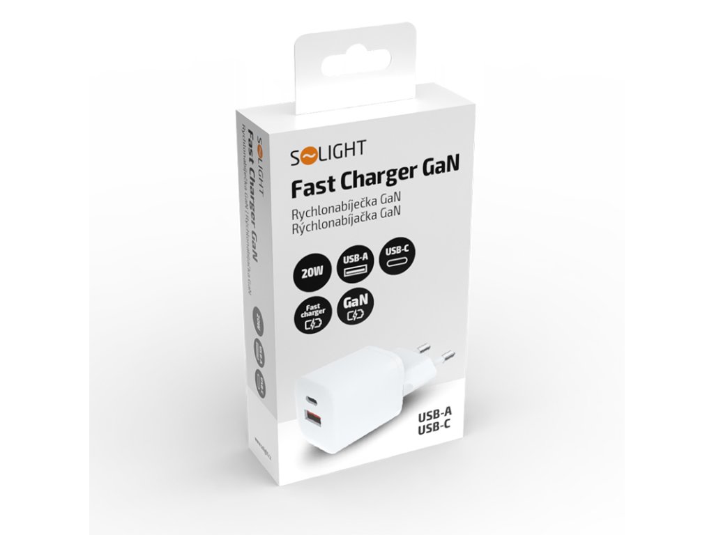 Solight USB-C + USB-A fast charger GaN 20W PD