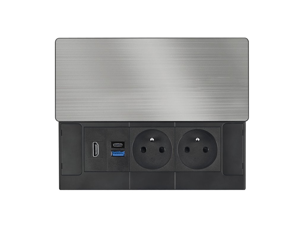 Solight vestavný blok zásuviek s posuvným krytom, 2 zásuvky, HDMI, USB A+C 20W PD, 2m, strieborný