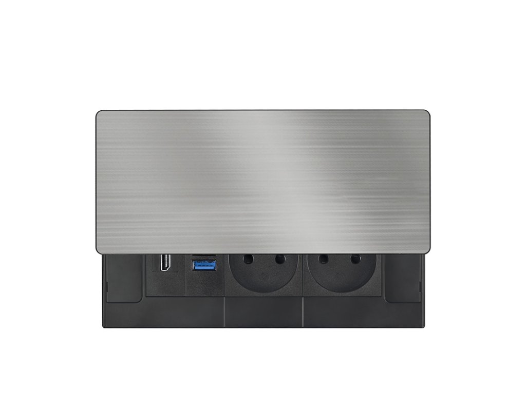 Solight vestavný blok zásuviek s posuvným krytom, 2 zásuvky, HDMI, USB A+C 20W PD, 2m, strieborný
