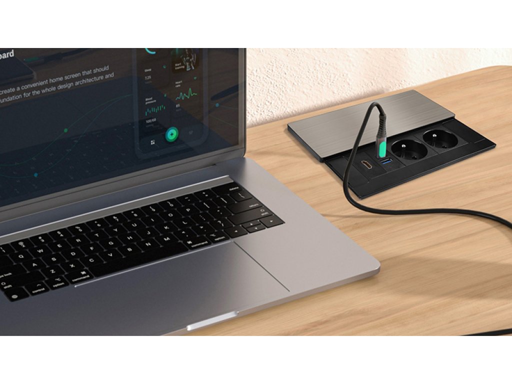 Solight vestavný blok zásuviek s posuvným krytom, 2 zásuvky, HDMI, USB A+C 20W PD, 2m, strieborný