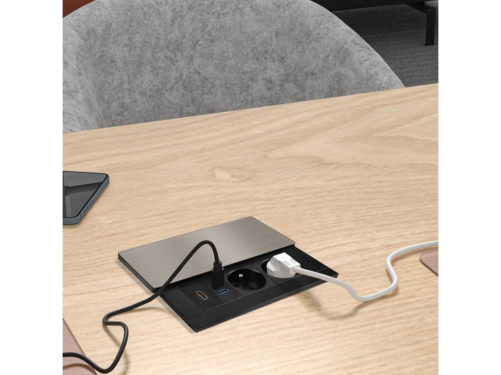 Solight vestavný blok zásuviek s posuvným krytom, 2 zásuvky, HDMI, USB A+C 20W PD, 2m, strieborný