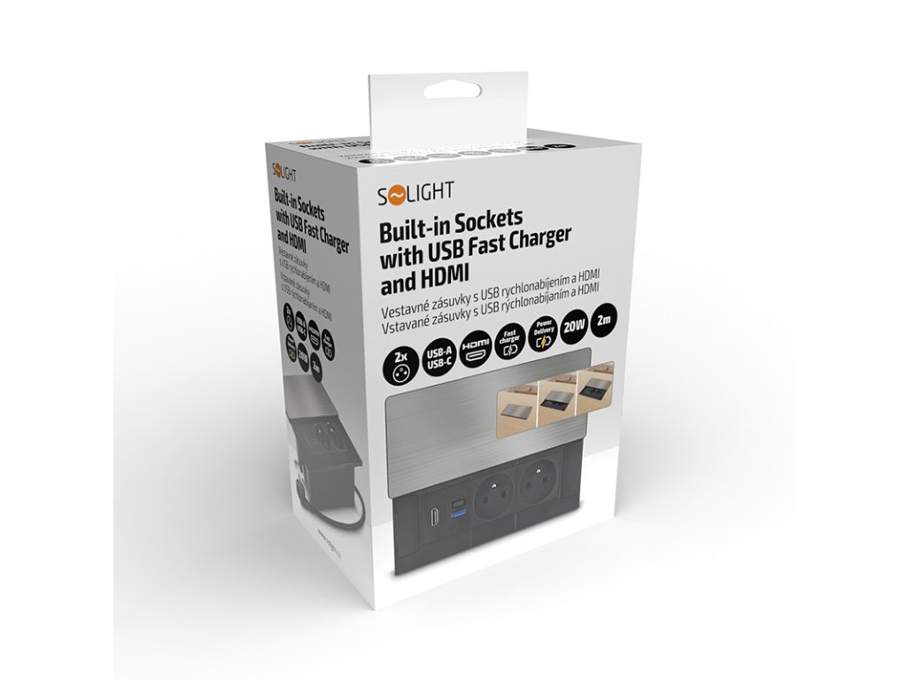 Solight vestavný blok zásuviek s posuvným krytom, 2 zásuvky, HDMI, USB A+C 20W PD, 2m, strieborný