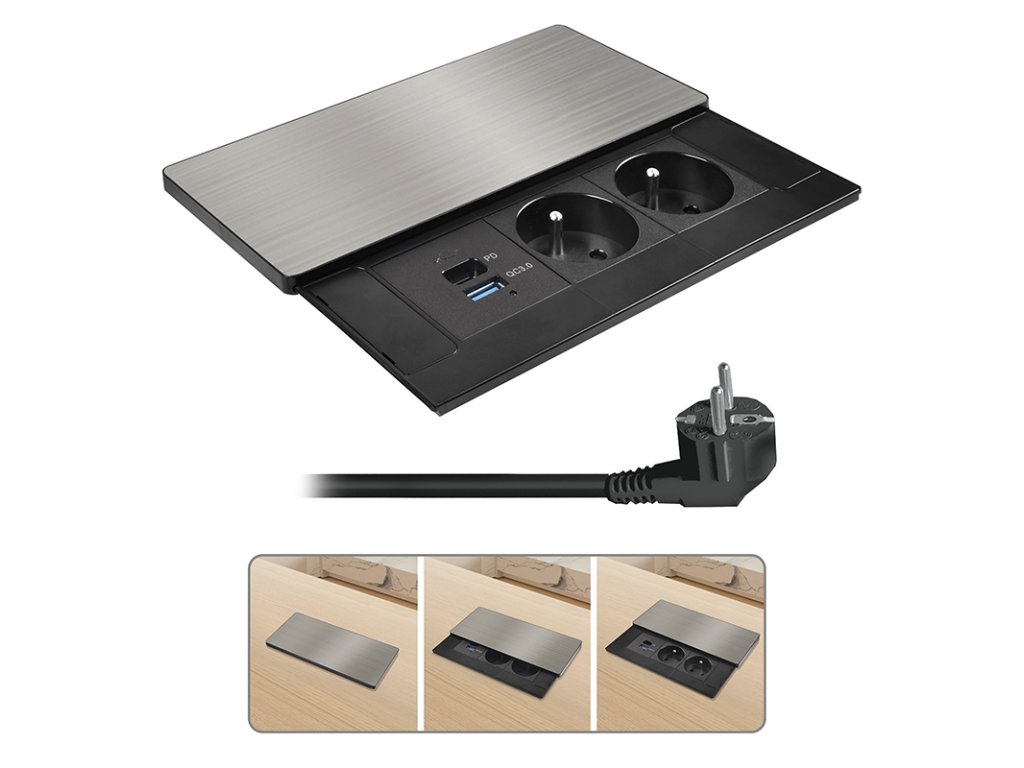 Solight vestavný blok zásuviek s posuvným krytom, 2 zásuvky, USB A+C 65W PD, 2m, strieborný