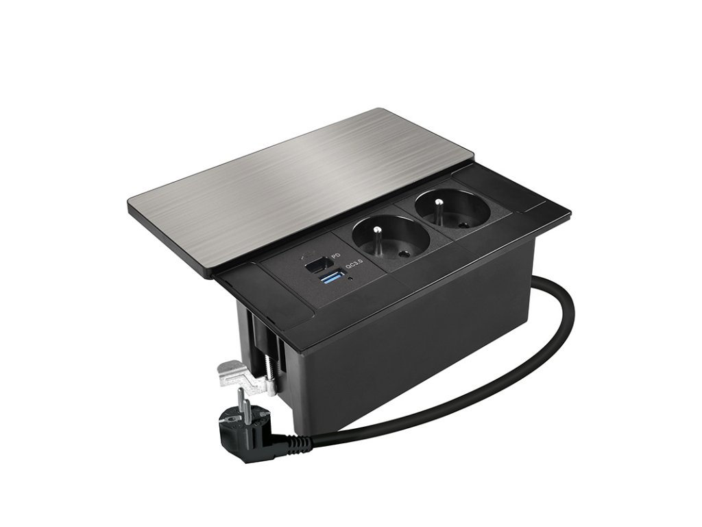 Solight vestavný blok zásuviek s posuvným krytom, 2 zásuvky, USB A+C 65W PD, 2m, strieborný