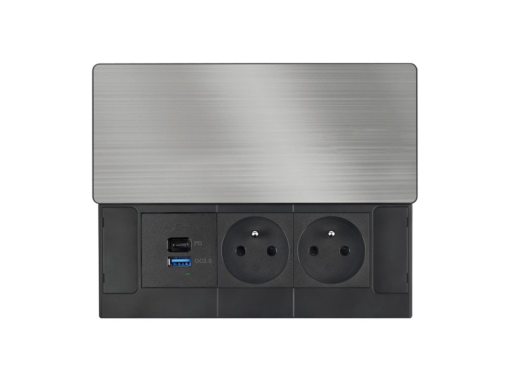 Solight vestavný blok zásuviek s posuvným krytom, 2 zásuvky, USB A+C 65W PD, 2m, strieborný