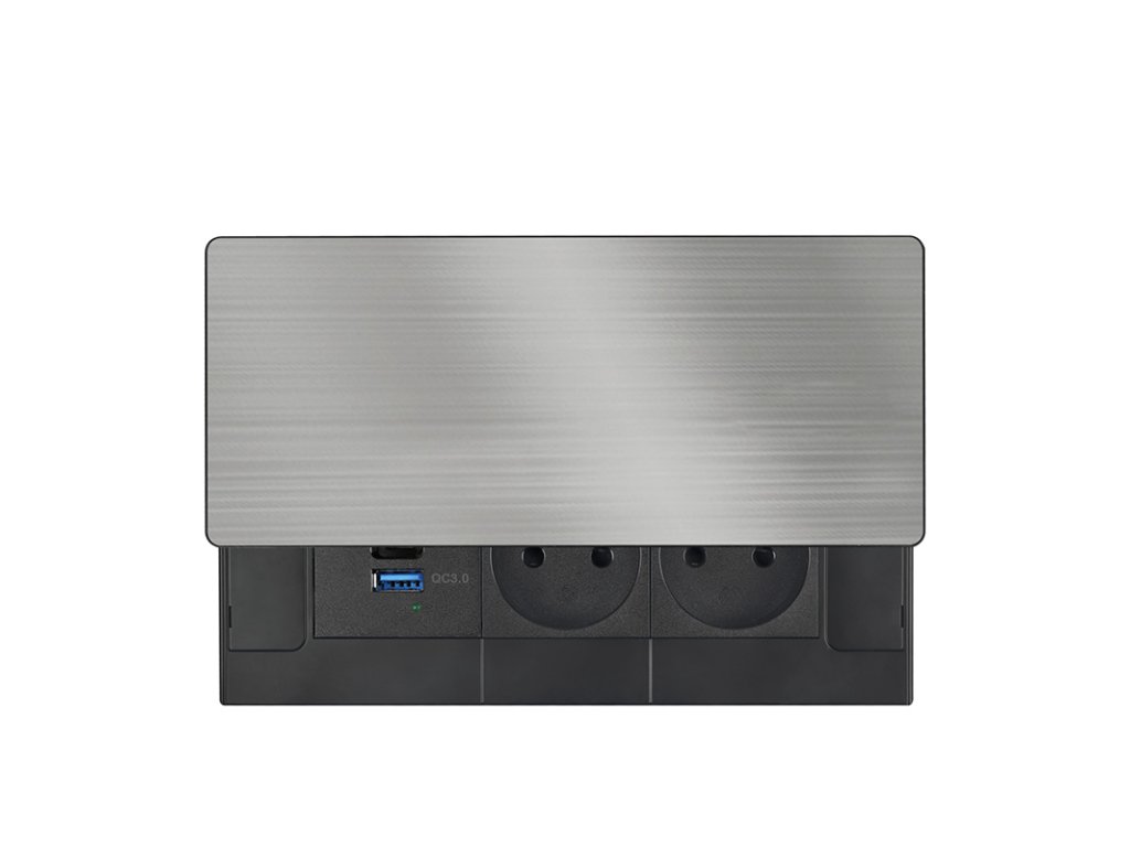 Solight vestavný blok zásuviek s posuvným krytom, 2 zásuvky, USB A+C 65W PD, 2m, strieborný