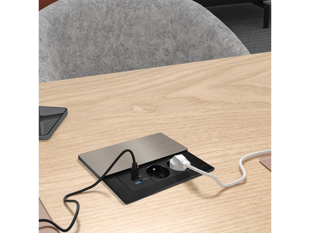 Solight vestavný blok zásuviek s posuvným krytom, 2 zásuvky, USB A+C 65W PD, 2m, strieborný