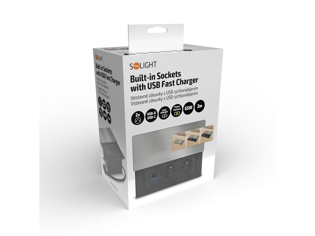 Solight vestavný blok zásuviek s posuvným krytom, 2 zásuvky, USB A+C 65W PD, 2m, strieborný