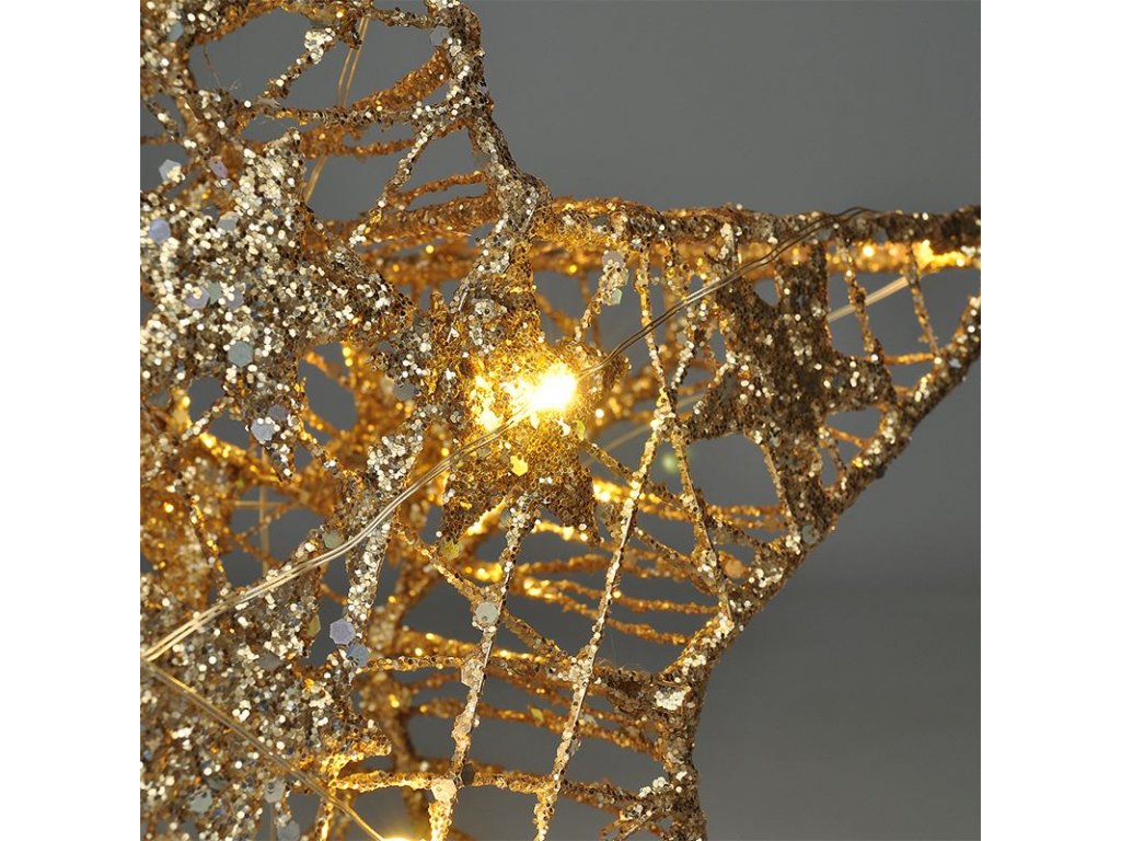 Solight vianočná hviezda glitter, zlatá, kovová, 14x LED, 2x AA