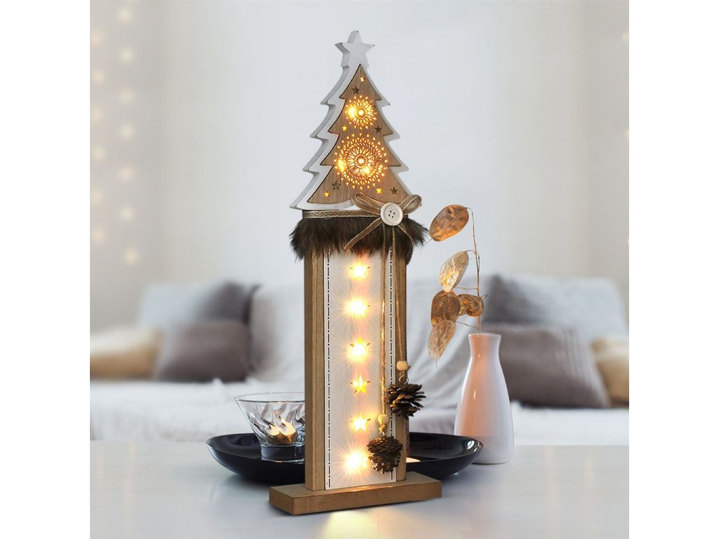 Solight vianočná LED drevená dekorácia, stromček, 2x AA