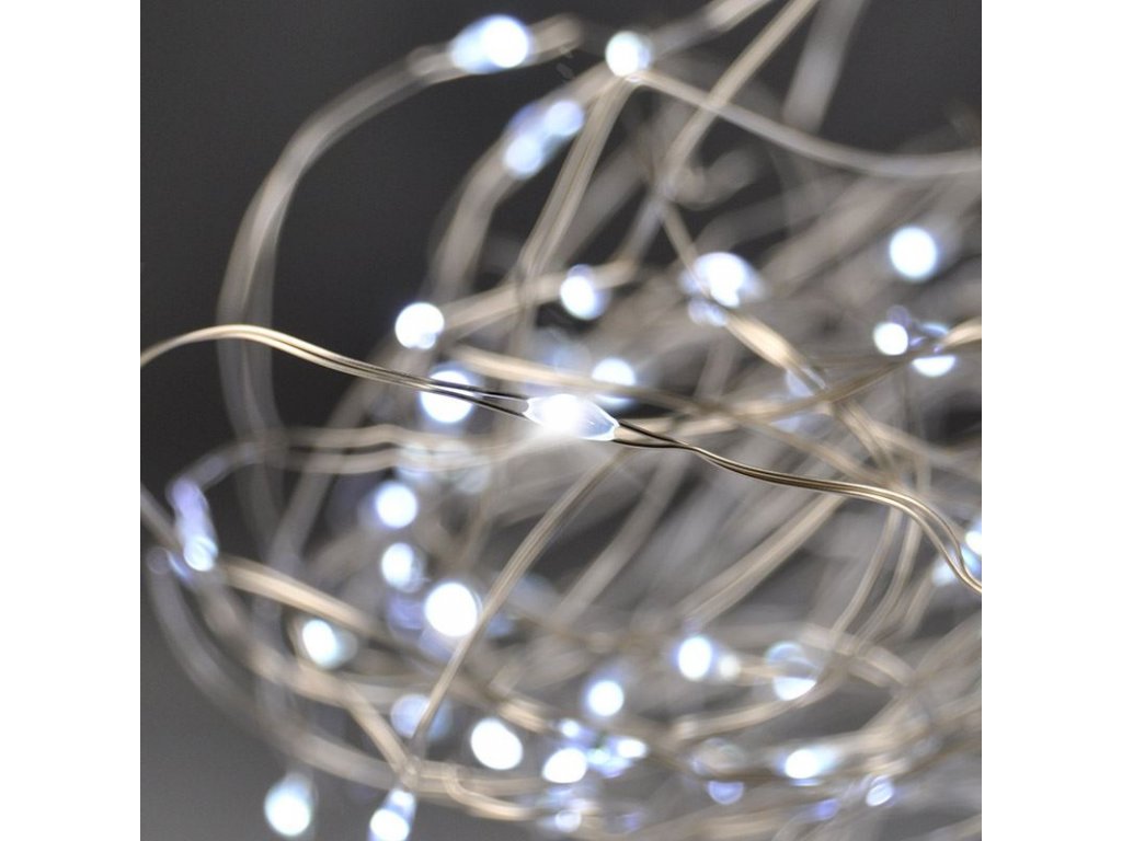 Solight vianočná reťaz strieborná, 100x mini LED, 10m, 3 x AA, studené svetlo