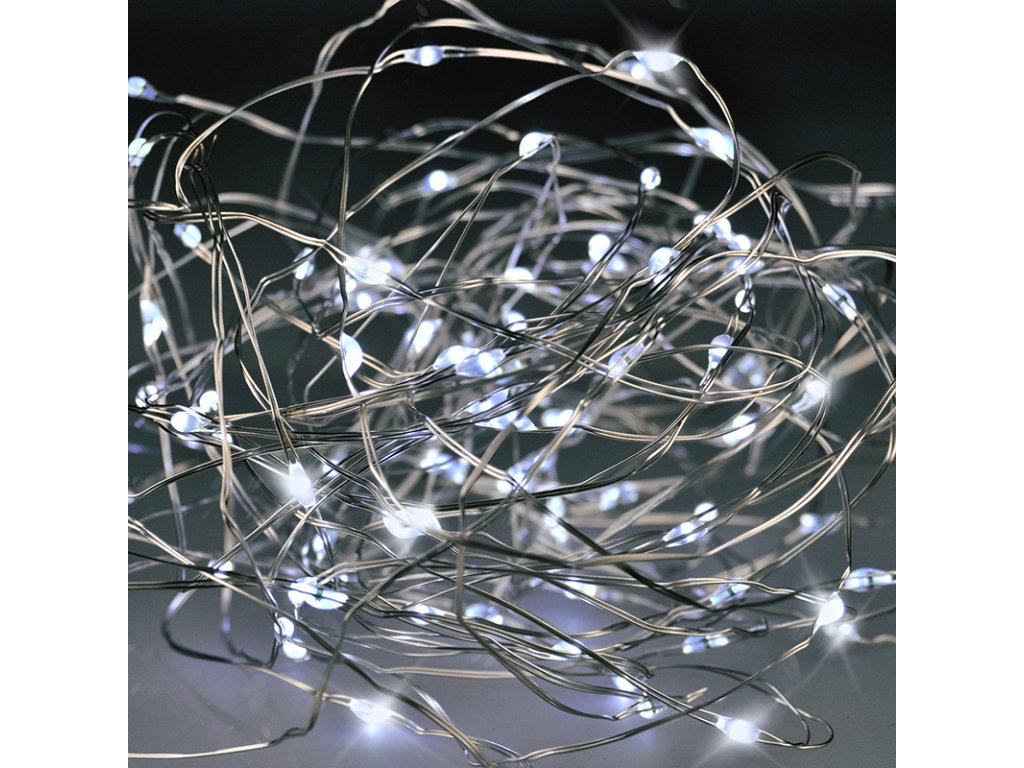 Solight vianočná reťaz strieborná, 50x mini LED, 5m, 3 x AA, studené svetlo