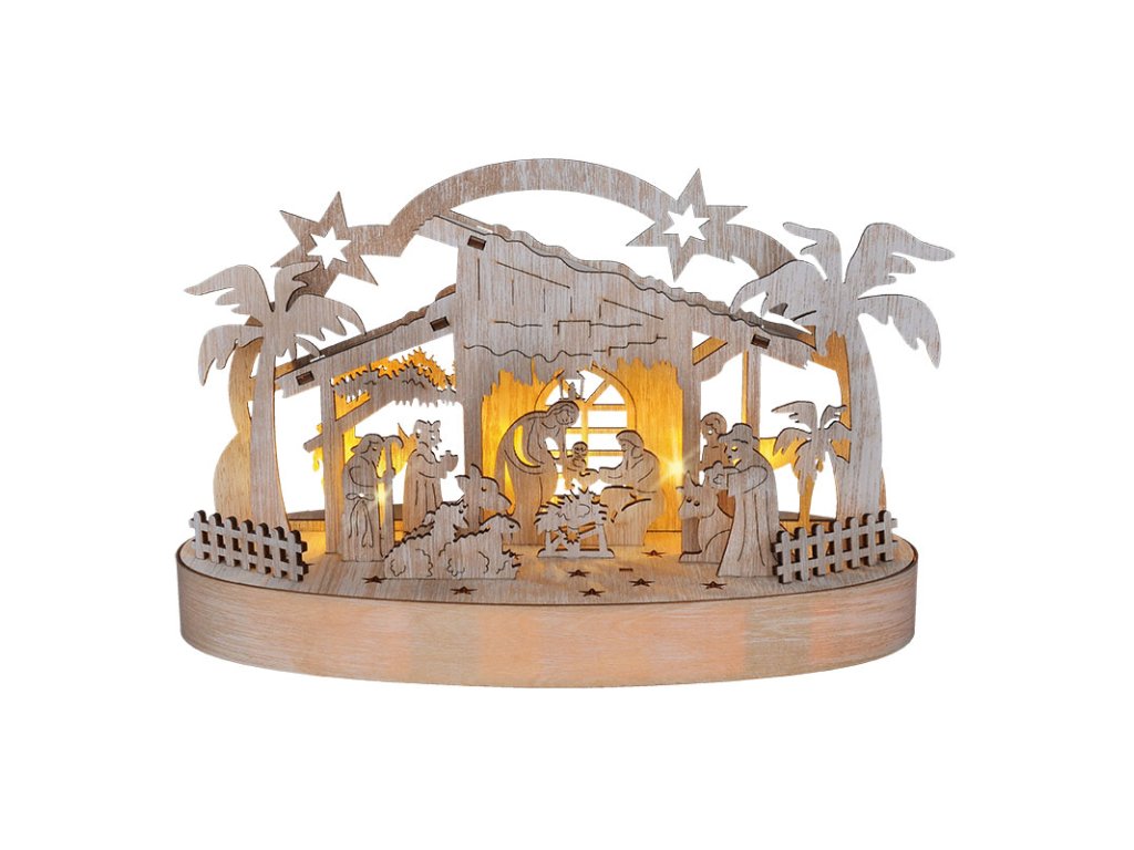Solight vianočný drevený betlehem podsvietený, 5x LED, prírodné drevo, 25cm, 2x AA