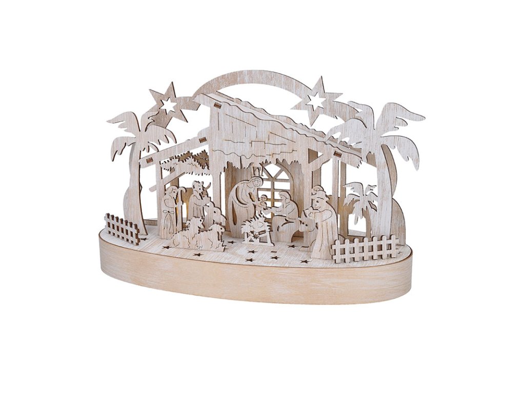 Solight vianočný drevený betlehem podsvietený, 5x LED, prírodné drevo, 25cm, 2x AA