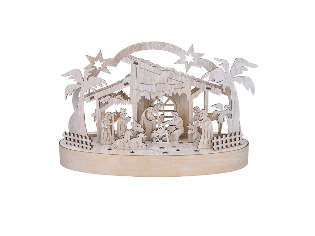 Solight vianočný drevený betlehem podsvietený, 5x LED, prírodné drevo, 25cm, 2x AA