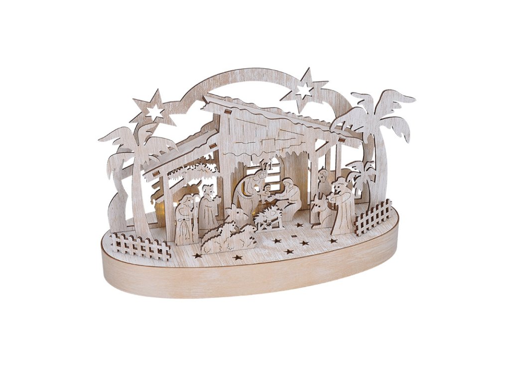 Solight vianočný drevený betlehem podsvietený, 5x LED, prírodné drevo, 25cm, 2x AA