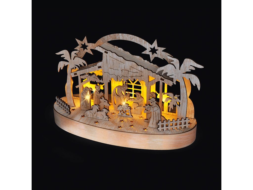 Solight vianočný drevený betlehem podsvietený, 5x LED, prírodné drevo, 25cm, 2x AA