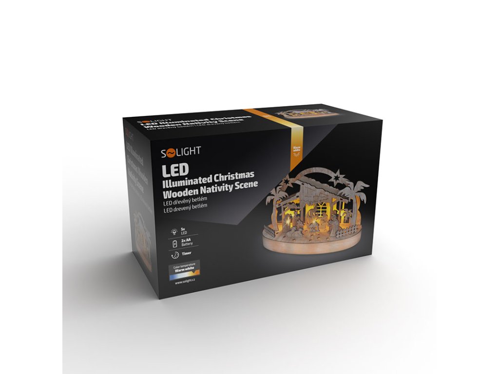 Solight vianočný drevený betlehem podsvietený, 5x LED, prírodné drevo, 25cm, 2x AA