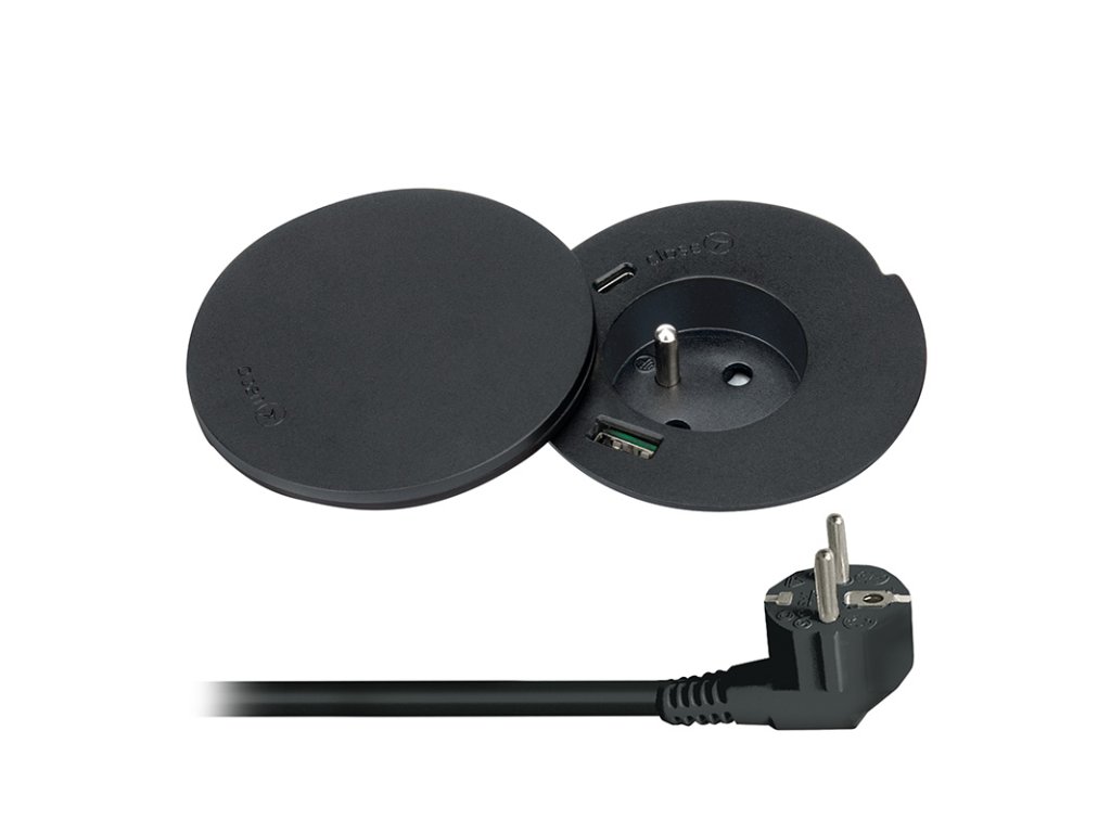 Solight vstavaná zásuvka + USB A+C + Wireless 10W, otočné viečko, kábel 2m, čierna