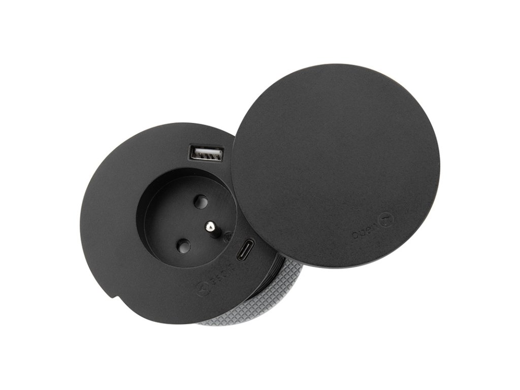 Solight vstavaná zásuvka + USB A+C + Wireless 10W, otočné viečko, kábel 2m, čierna