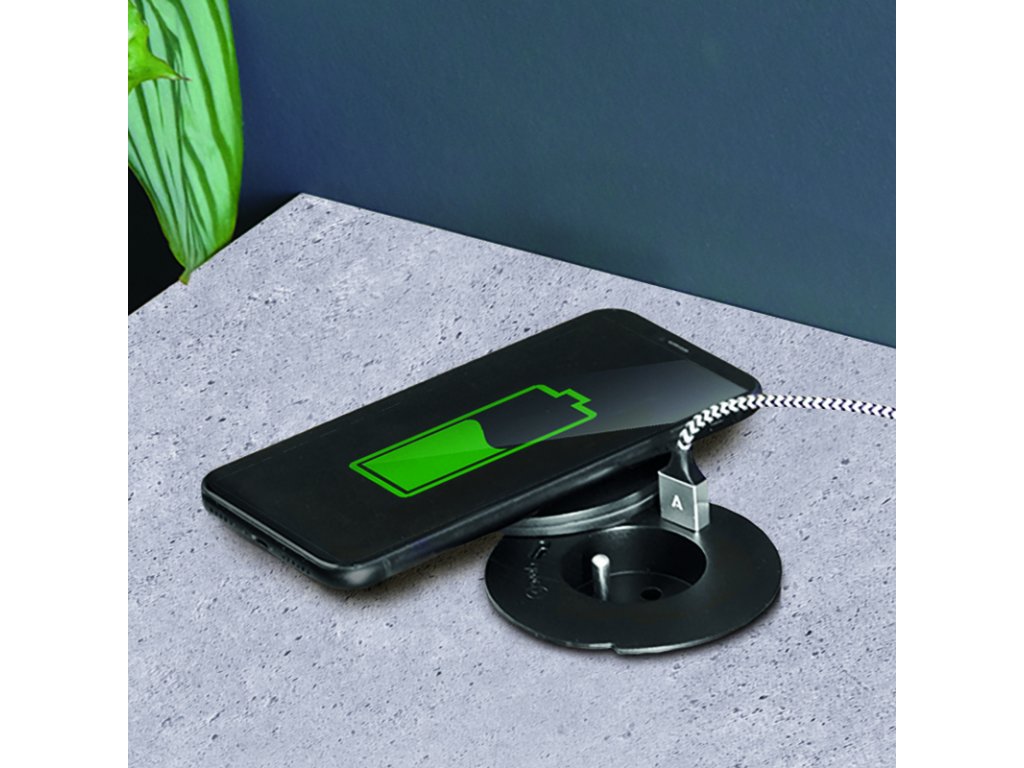 Solight vstavaná zásuvka + USB A+C + Wireless 10W, otočné viečko, kábel 2m, čierna