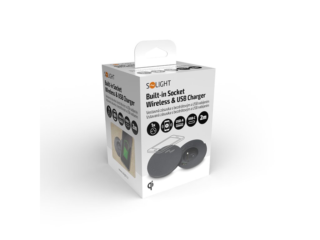 Solight vstavaná zásuvka + USB A+C + Wireless 10W, otočné viečko, kábel 2m, čierna