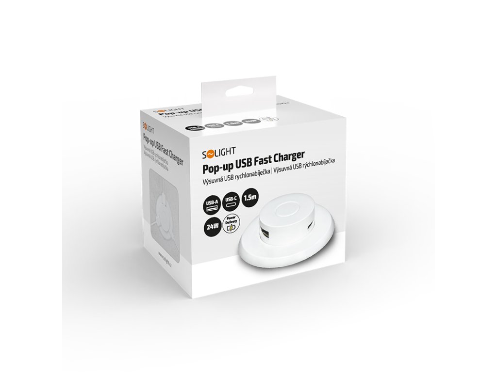 Solight výsuvná nabíjačka USB A+C 24W PD, biela