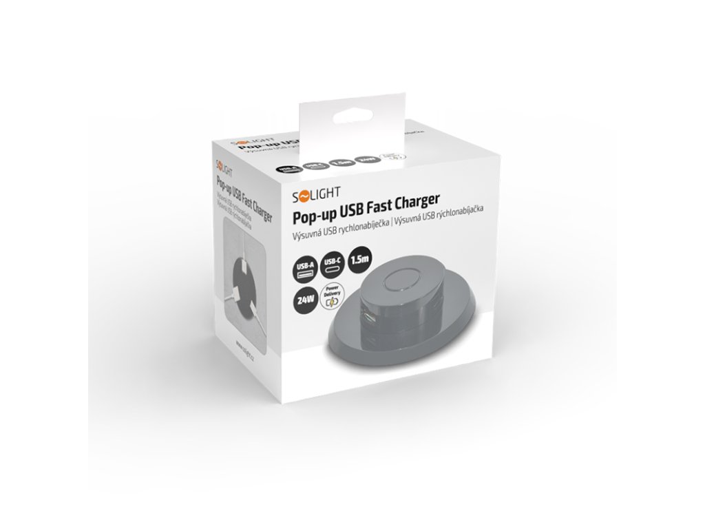Solight výsuvná nabíjačka USB A+C 24W PD, čierna