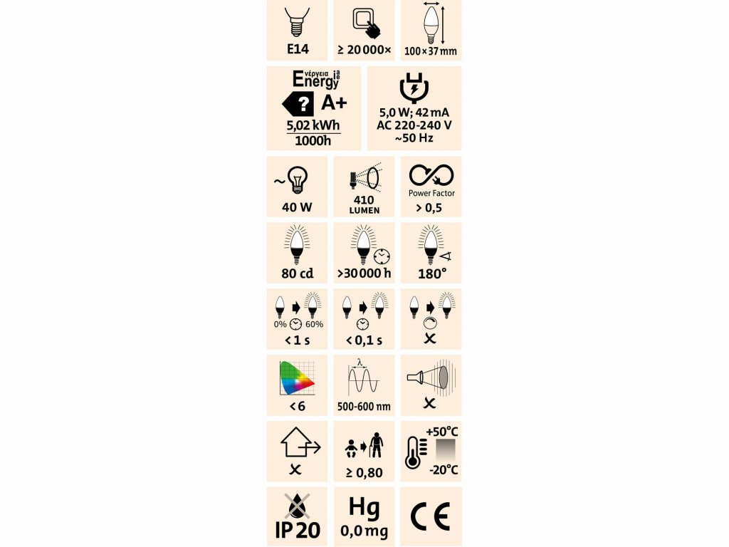 Žiarovka LED mini, 5W, 410lm, E14, 2800K, Ø 45mm, EXTOL LIGHT