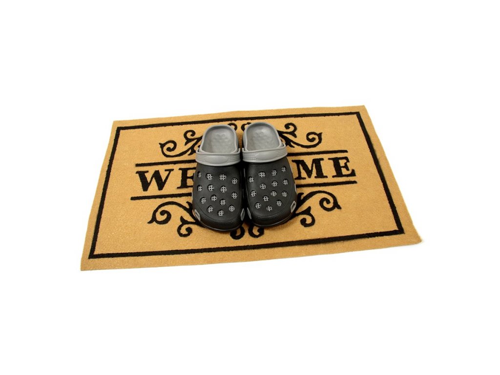 Žltá textilná vstupná rohož FLOMA Welcome - Deco - dĺžka 45 cm, šírka 75 cm, výška 0,3 cm