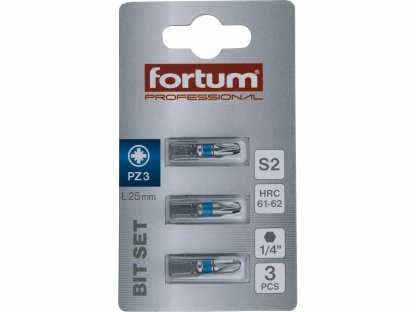 Bit krížový 3ks, PZ 3x25mm, S2, FORTUM